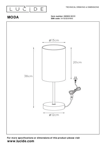 Lucide MODA - Tischlampe - Ø 13 cm - 1xE27 - Weiß - TECHNISCH